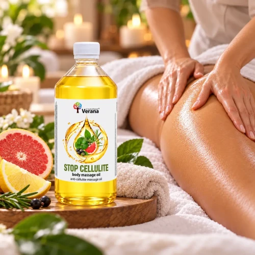 Olejek Verana Stop Cellulite podczas masażu antycellulitowego ud i pośladków w salonie SPA.